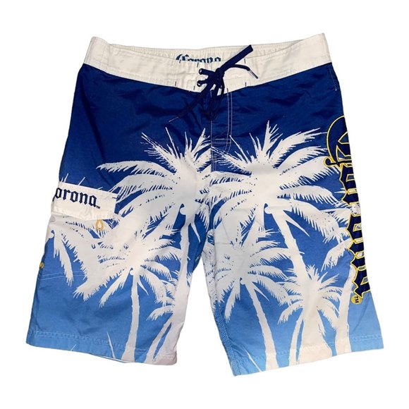 Corona Extra Cargo Board Shorts Mens M Palm Tree Logo Colorful Swimwear Blue - Picture 1 of 7